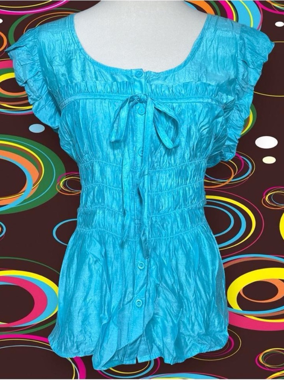 Turquoise Peplum Button-Front Blouse with Tie